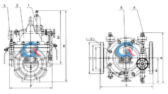 200X减压稳压阀 外形结构图 (1、导阀 2、主阀 3、球阀 4、压力表 5、针表 )